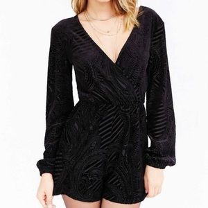 UO ecote black velvet paisley deep v romper
